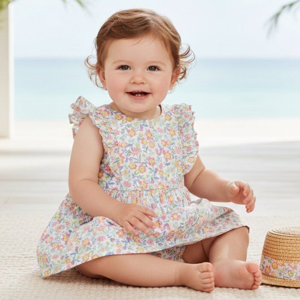 Tommy Bahama Baby Girl Floral Dress & Bloomers Set 2PC Pink Yellow Size 3-6 Mon
